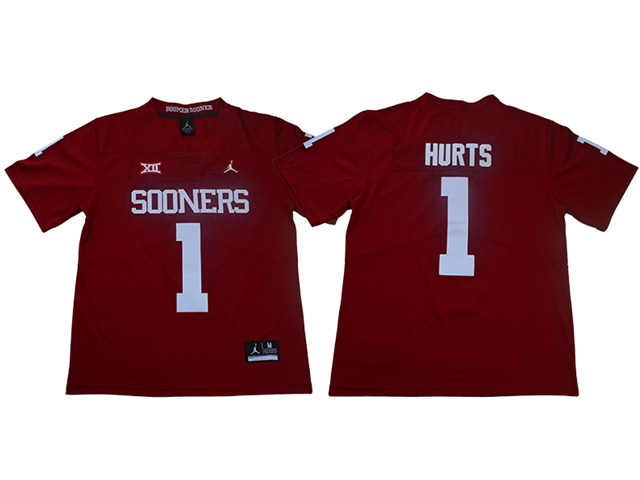 NCAA Oklahoma Sooners #1 Jalen Hurts Red College Football Jersey - Click Image to Close