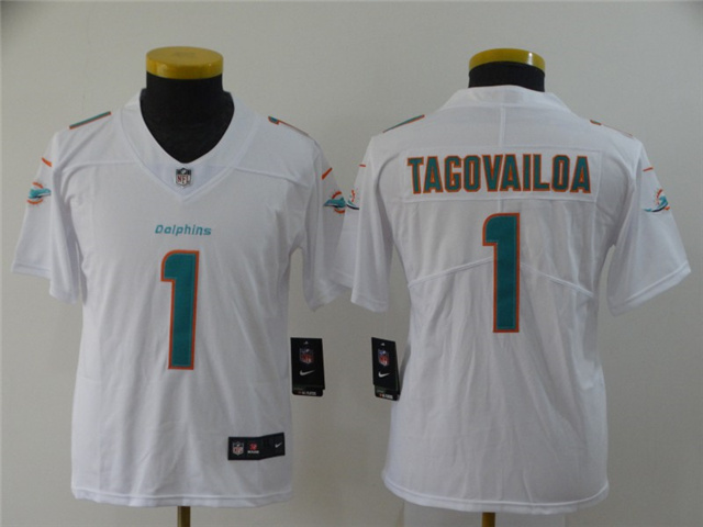 Youth Miami Dolphins #1 Tua Tagovailoa White Vapor Limited Jersey - Click Image to Close