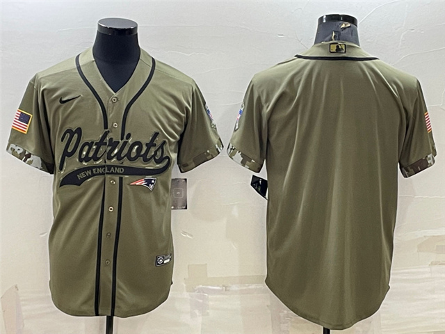 New England Patriots Olive Salute To Service Baseball Team Jersey - Click Image to Close