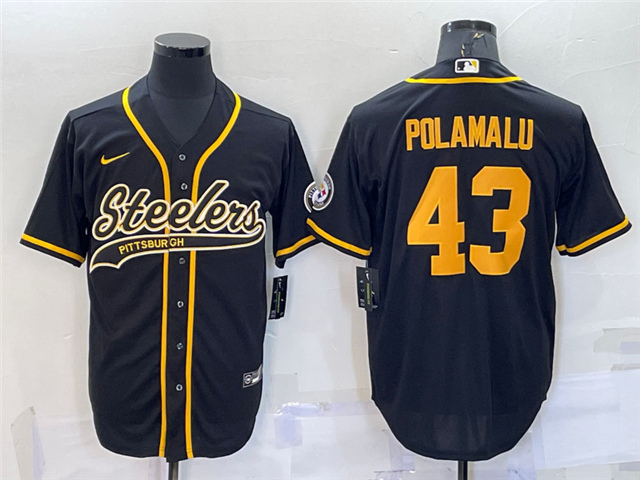 Pittsburgh Steelers #43 Troy Polamalu Black/Gold Baseball Cool Base Jersey - Click Image to Close