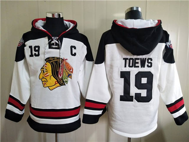 Chicago Blackhawks #19 Jonathan Toews White Ageless Must-Have Lace-Up Pullover Hoodie - Click Image to Close